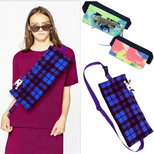 Small Animal Travel Carrier Bag, Double-Sided Breathable Mesh, Blue Plaid and Tie-Dye Pattern, 20cm, Portable for Lizards Chameleons Snakes Guinea Pigs