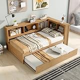 Bellemave Wood Twin Size Daybed with Trundle，Storage Cabinets and USB Ports, Wood Color