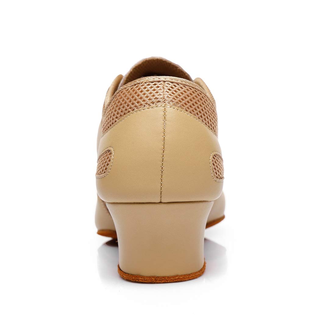 MGM-Joymod Women's Closed Toe Lace-up Breathable Mesh Leather Salsa Practice Chacah Ballroom Latin Modern Dance Shoes/Beige 7.5 M US