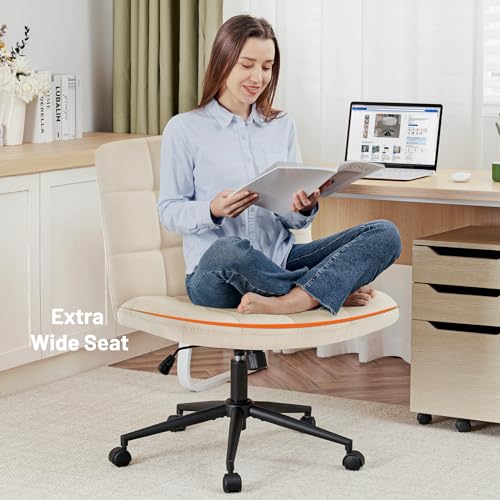 Furniliving Home Office Desk Chair with Wheels,Criss Cross Legged Wide Chair Armless Height Adjustable Chair with Mid Back Swivel Accent Vanity Chairs,Linen-Beige