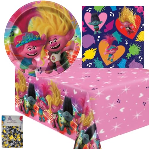 Trolls Band Together Party Supply Set 16 Guest Table Decorations with 9-Inch Plates Napkins Tablecover and Confetti for Kids Trolls Birthday Party