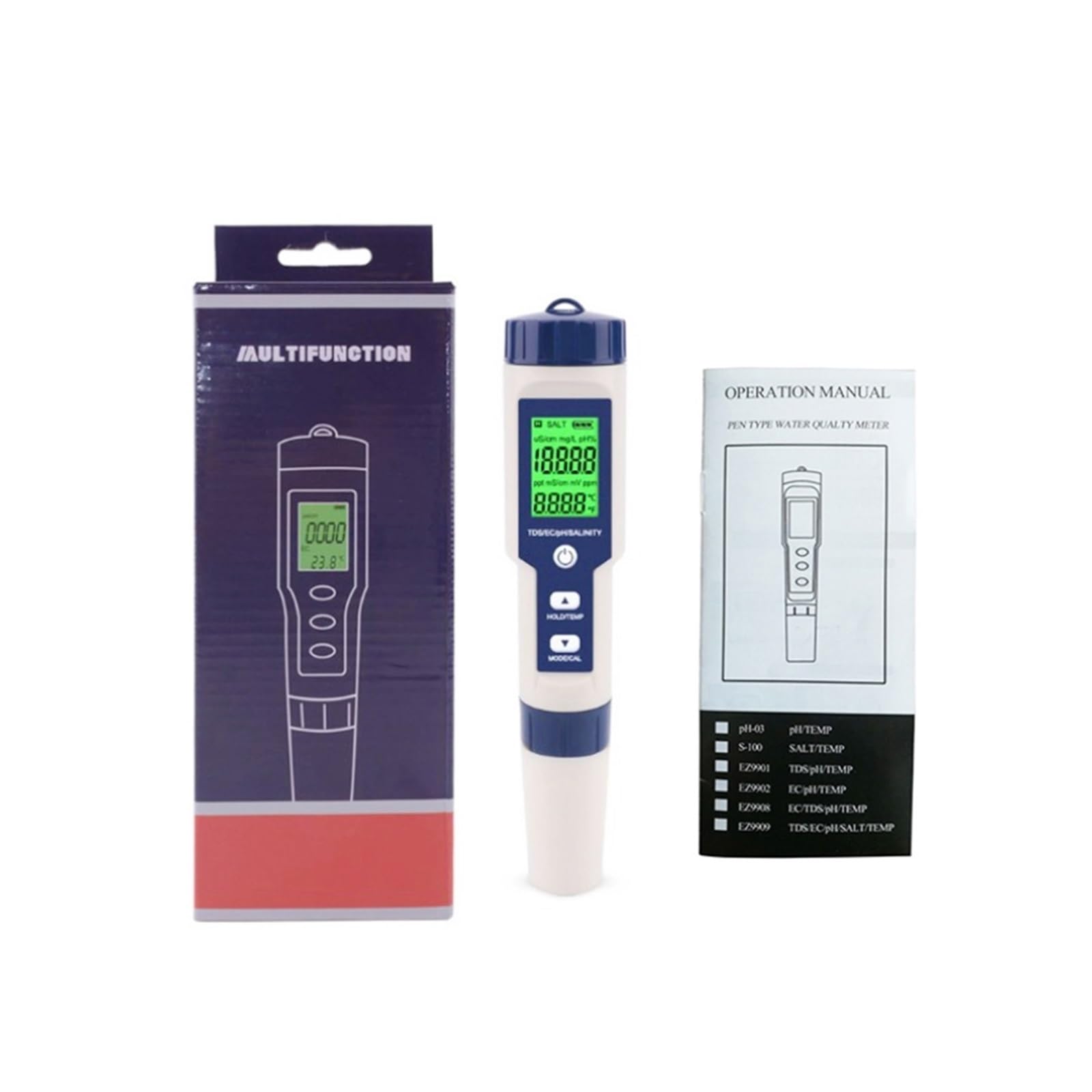 Kit per l'analisi dell'Acqua, Tester di qualità Acqua 5 in 1 LCD Digitale PH/TDS/EC/Sale/Temp Misuratore Ez 9909 Monitor for Piscine Acqua Potabile Acquari