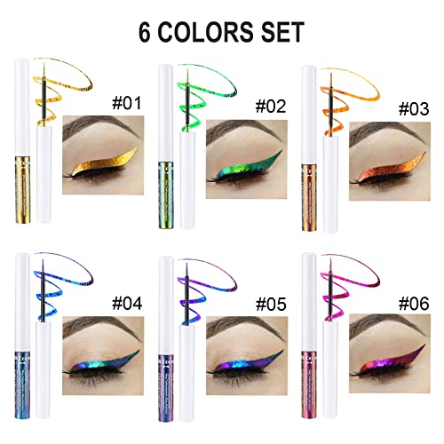 Sumeitang 6 Colors Chameleon Liquid Glitter Eyeliner Set Highly Pigmented Intense Color Shifting Metallic Satin Multi-Reflective Finish Glitter Eye Liner Long-Lasting Shimmer Eye Shadow Makeup Pen #TOP2