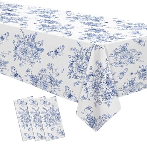 Image of Blue and White Floral Party Tablecloth Decorations, 3pcs Disposable Elegant Dusty Blue Flower Party Supplies Table Cover, for Birthday Baby Bridal Shower Wedding Chinoiserie Decor, 86in x 55in