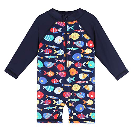 Image of HUAANIUE Toddler Boy Swimsuit Rashguard One-Piece Swimwear 0-6 Years | UPF 50+ sun protection, front zipper with chin guard, 4-way stretch quick-dry fabric, flatlock seams anti-chafing