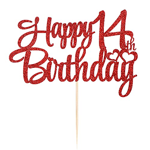 Db11 QERTESL Red Glitter 14Th Birthday Happy Birthday Cake Topper 14Th Birthday Party Cake Decorations Hello 14 Years Old Cheers thumb #1