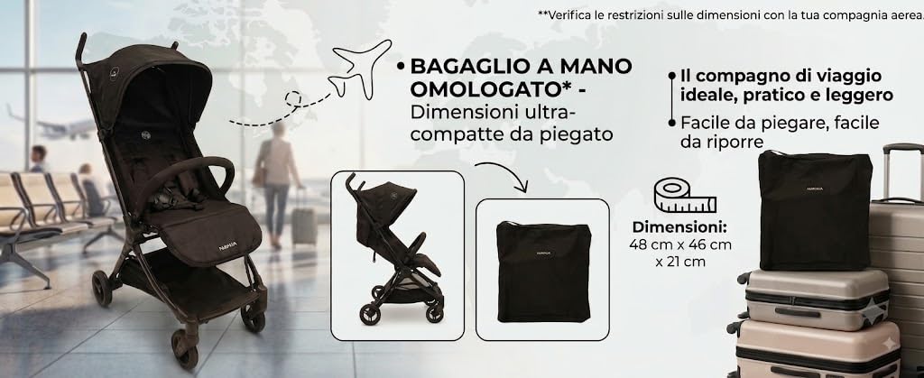Nania, Passeggino Ultra-Compatto, Babyjet (0-15 kg) Omologato Cabina Aereo, Leggero 4,5 kg, Schienale reclinabile, Parasole regolabile, Borsa per il trasporto inclusa