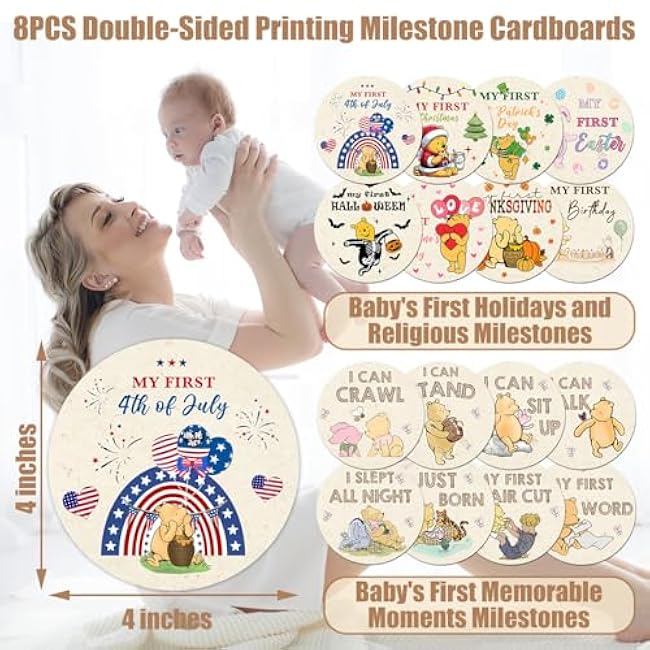 Winnie Milestone Blanket for Baby, Pooh Babies Monthly Blanket, Winnie Quotes Baby Milestone Blankets, Newborn Photography Background Decor, with 8 Holiday Cardstocks