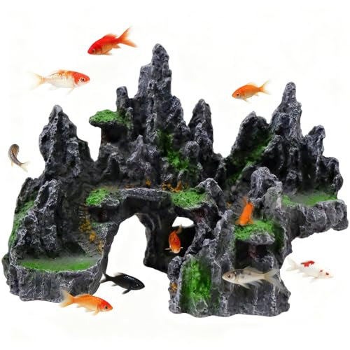 inheming Aquarium Deko Felsen Groß, Aquarium mit Blick auf die Berge, Mountain Polyresin Landschaft Fish Tank Resin Decorate 26cm*18cm*13cm