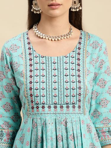 Image of rangita Light Blue Cotton Calf Length Printed Anarkali Kurti for Women | Kurta for Women