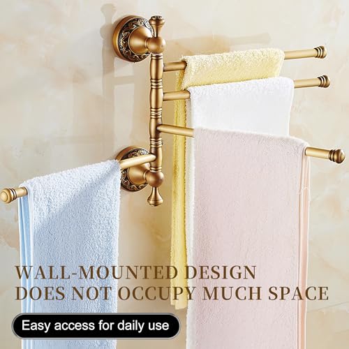 Image of Wall Mounted Bathroom Folding Towel Rack, 4 Towel Bars Antique Brass Pattern Carving,Brushed Bronze