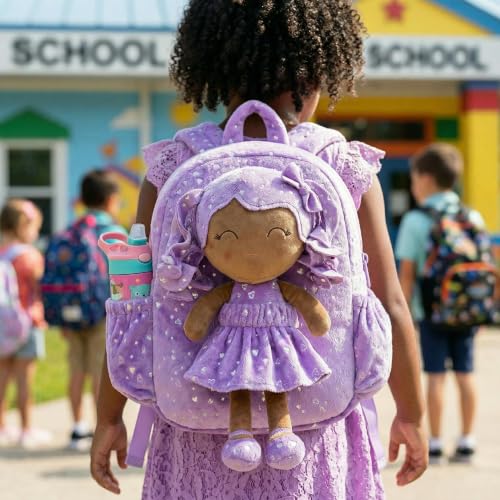Image of Gloveleya Toddler Backpacks Baby Girl Gifts Curly Hair Plush Figures Dress Backpack - Silver Heart Accents in Deep Purple 11''