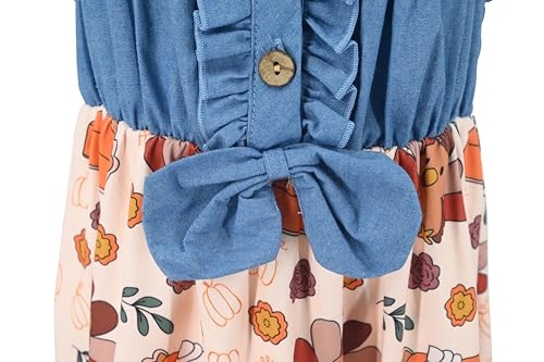 Image of Unique Baby Girls Sleeveless Denim Dress with Knot Tie and Fun Print for Toddler and Big Kids