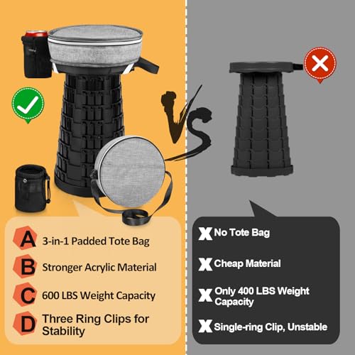 Image of Collapsible Stool - Upgraded with 3 Slides Load Capacity 600lbs, Folding Camping Stool with 3-in-1 Carry Bag, Lightweight Sturdy Retractable Suitable for Camping Fishing Hiking BBQ (Black)