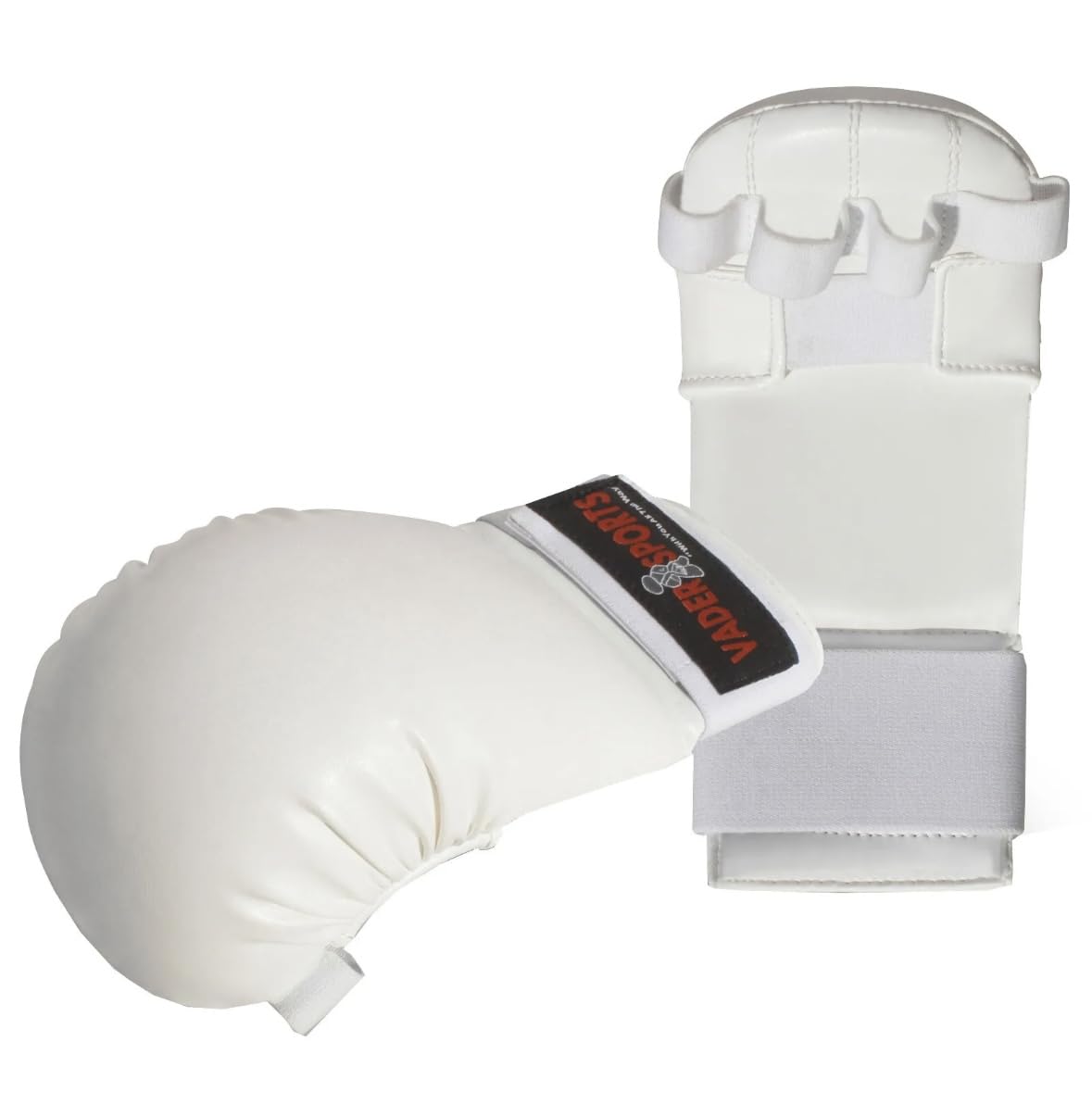 VADER SPORTS EST.2001 WITH YOU ALL THE WAY Karate gloves NO THUMB Semi contact/Full Contact Karate Training Hand Safety Mitts kids and Adults (Large/Adult, White)