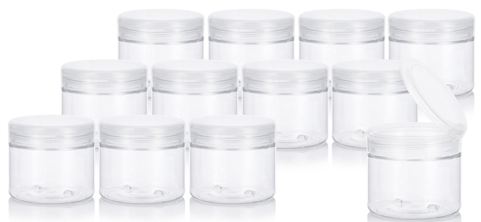Clear Refillable PET Plastic Low Profile Jar with Clear Natural Flip Top Cap - 6 oz (12 Pack) + Spatulas and Labels