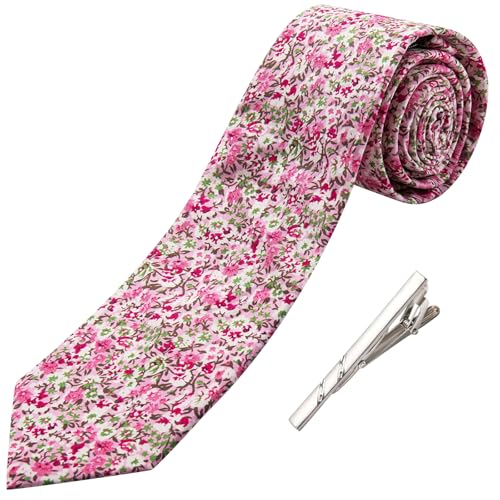 Image of Barry.Wang 100% Cotton Floral Ties for Men 63 inch Extra Long Necktie Clip