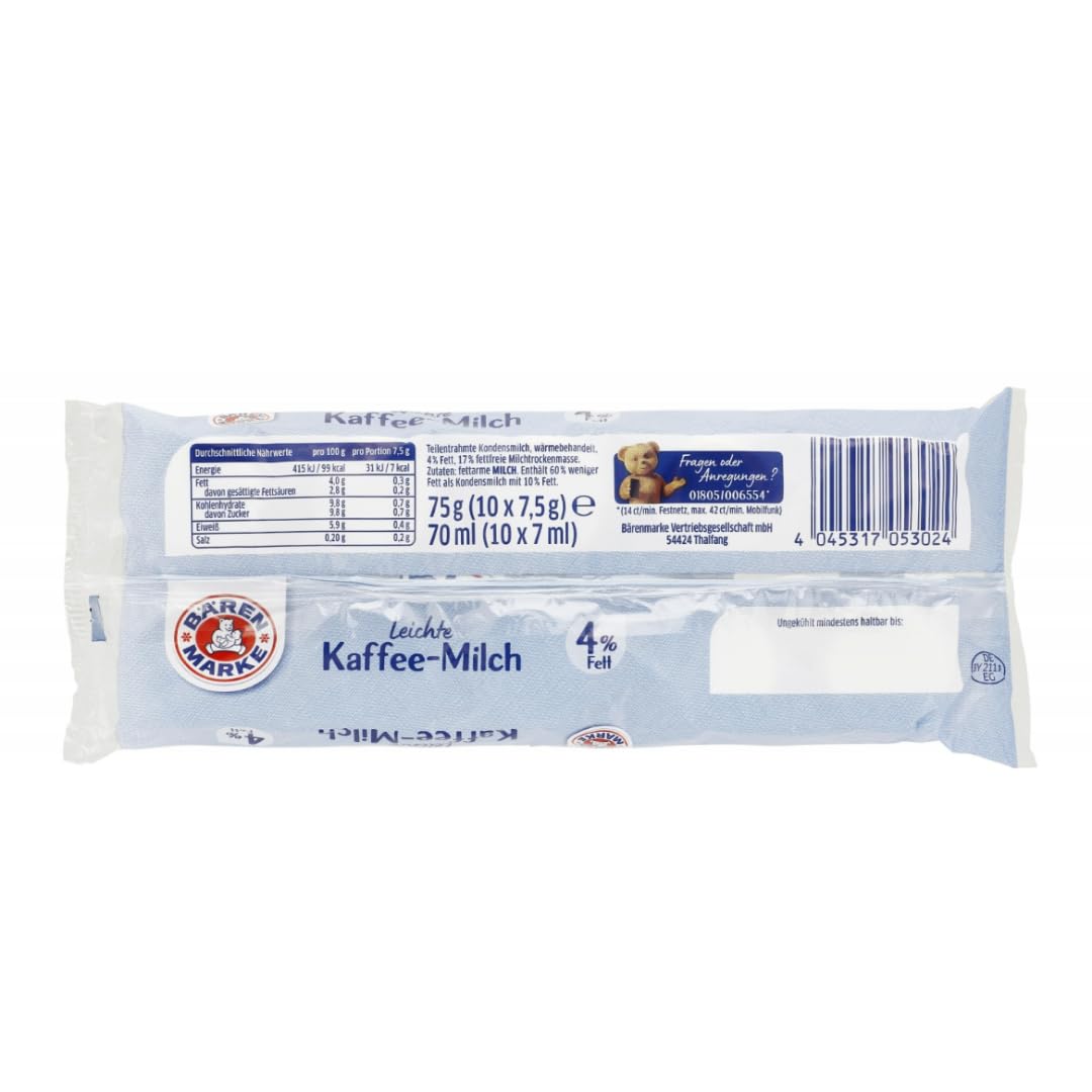 Bärenmarke Leichte Kaffee-Milch 4% Fett Portionspackungen 10 x 7,50 Gramm x 10 Packungen