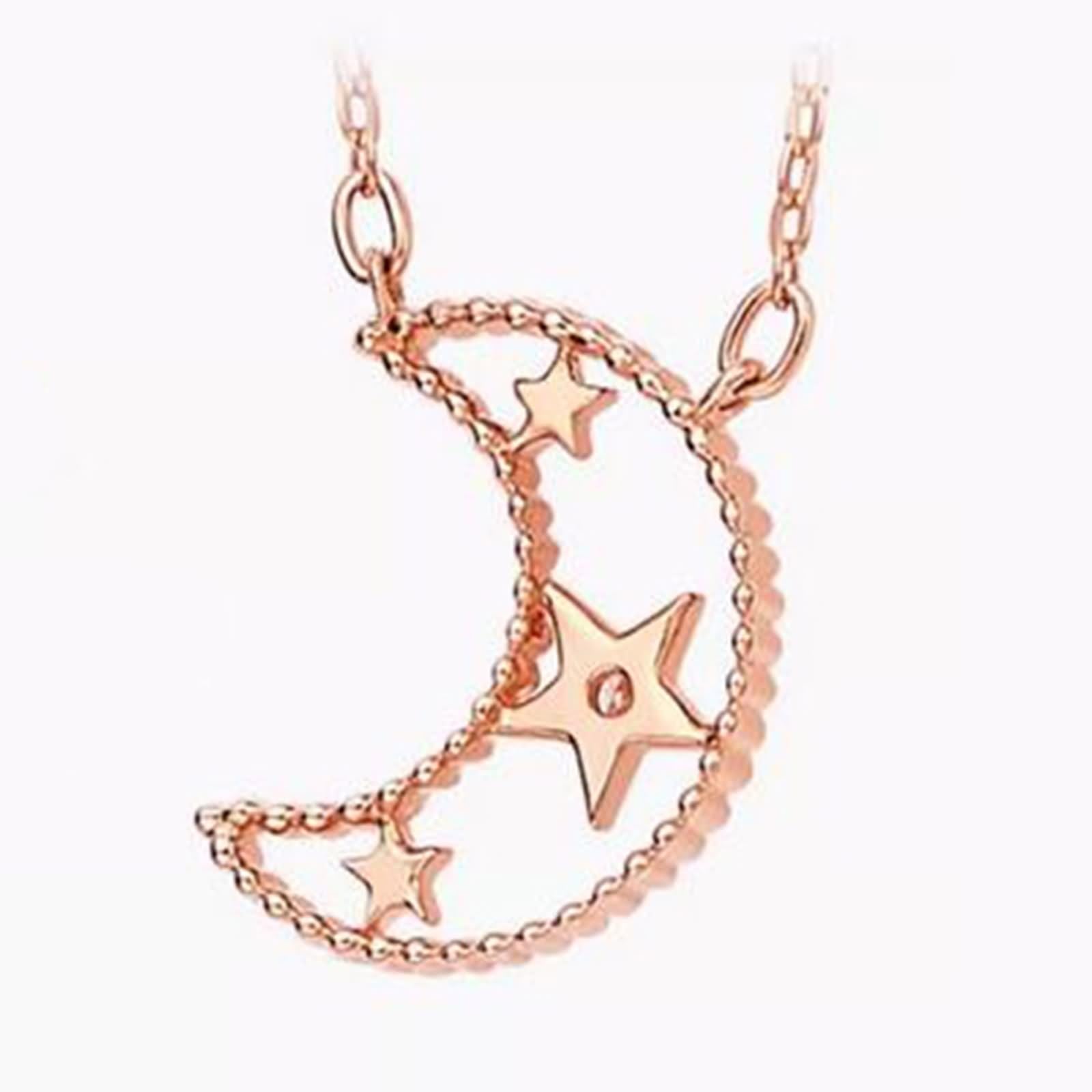 Collar largo con colgante para mujer, luna y estrella de moda con diamante de forma redonda, oro rosa de 9 quilates, 14 y 18 quilates