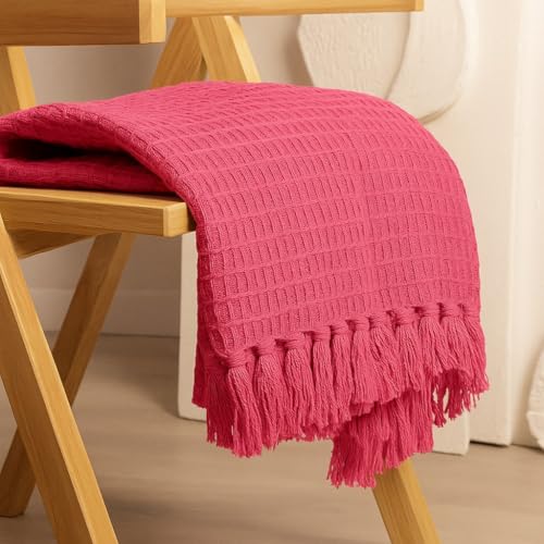 Image of Furnistitchs Bohemian Cotton Sofa Throw Blanket 50x60 inches | Waffle Knit & Chevron Pattern with Fringes | Aesthetic Decorative Couch Throw for Living Room & Bedroom (Magenta Waffle)