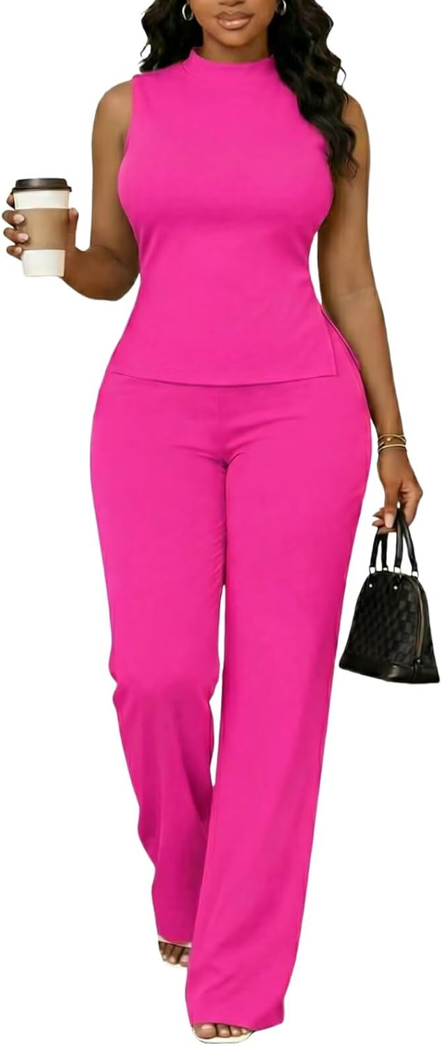 acelyn Pant Suits for Women Dressy 2 Piece Business Outfits Sleeveless Slit Mock Neck Vest Tank Top Wide Leg Pants Set
