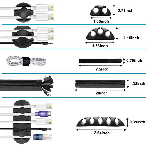 23 Cord Management Organizer Kit 3 Cable Sleeve with 10 Self Adhesive Black Cable Clip Holders and 10 Reusable Wire Fastening Cable Ties for TV Computer Office Home Wraps Wire Hider System with Zipper