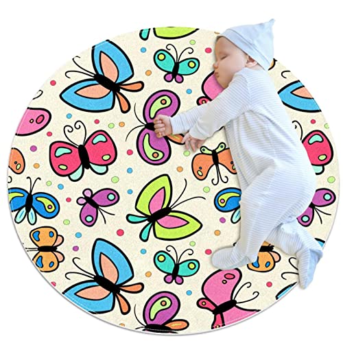 Tapis de salle de bain rond 1m coloré papillon antidérapant