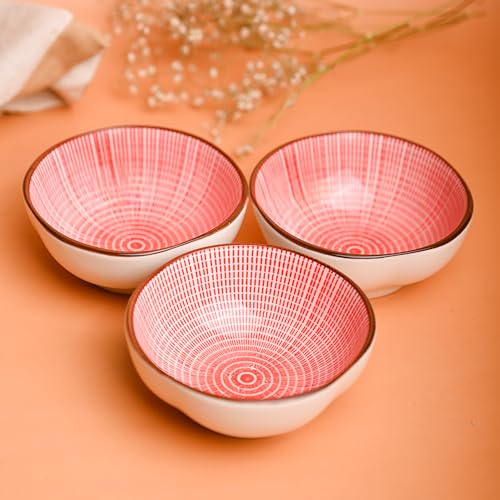 Image of MARKET 99 Ceramic Red Katori Bowl Set of 3 (100ml) | Small Chutney & Dip Bowls for Sauces, Pickles & Condiments | Mini Serving Bowls Set for Dining Table | Stylish Dessert & Snack Bowls