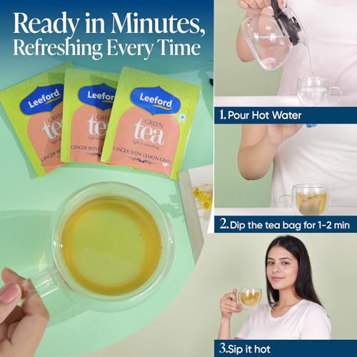 Image of Leeford Ginger Lemongrass Green Tea 30 Tea Bags (Pack of 2) | All Natural Flavour | Zesty Immunity Booster | Antioxidant Powerhouse | 100% Natural Digestion Aid | Brews Best with Added Honey | Milk-Free & Fuss-Free