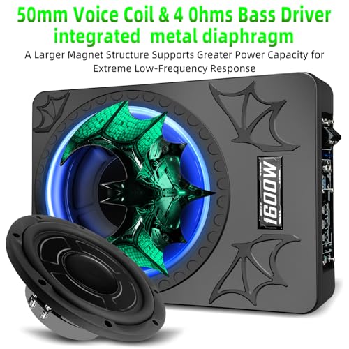 Image of 1600W Car Subwoofer, 10 inch Ultra-Thin Powered Under-Seat Subs with Built-in Amplifier, (LPF /Gain /Bass Boost) LED Ambient Lights, Independent Bass Knob, Distortion-Free Deep Bass for Most Vehicles