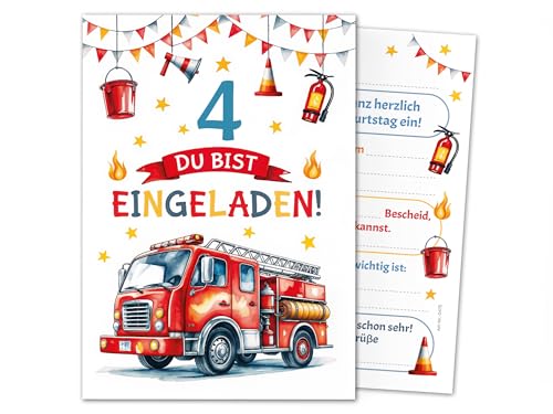 Junaversum 12 Einladungskarten zum 4. Kindergeburtstag Jungen Feuerwehr Kinder Junge coole bunte Einladungen vierte Geburtstag Geburtstagseinladungen Kids