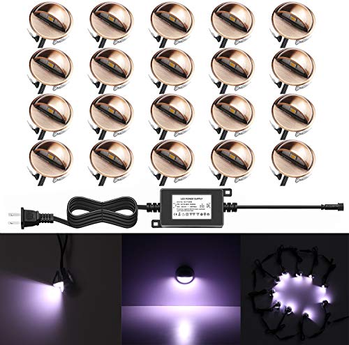 QACA LED Stair Light Low Voltage Waterproof IP65 Outdoor 1-2/5" Recessed Wood LED Deck Lighting Yard Garden Patio Step Landscape Pathway Decor Lamp (20pcs, Cold White)