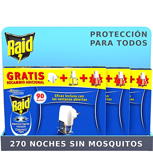 Raid ® Eléctrico Líquido Pack 270 noches - Enchufe anti mosquitos comunes y tigre con 3 aplicadores y 6 recambios de 45 noches, Sin Olor