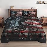 WeCozy Twin Size Comforter Set with Pillowcase, American Flag Wood Vintage Motocross 2 Pcs Bedding for Kids and Adults, America Motorcycle Soft Comforter Set for Bedroom Bed Decor