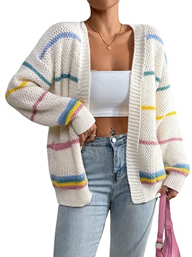 SHENHE Women's Open Front Colorful Striped Drop Shoulder Oversized Cardigan Sweater