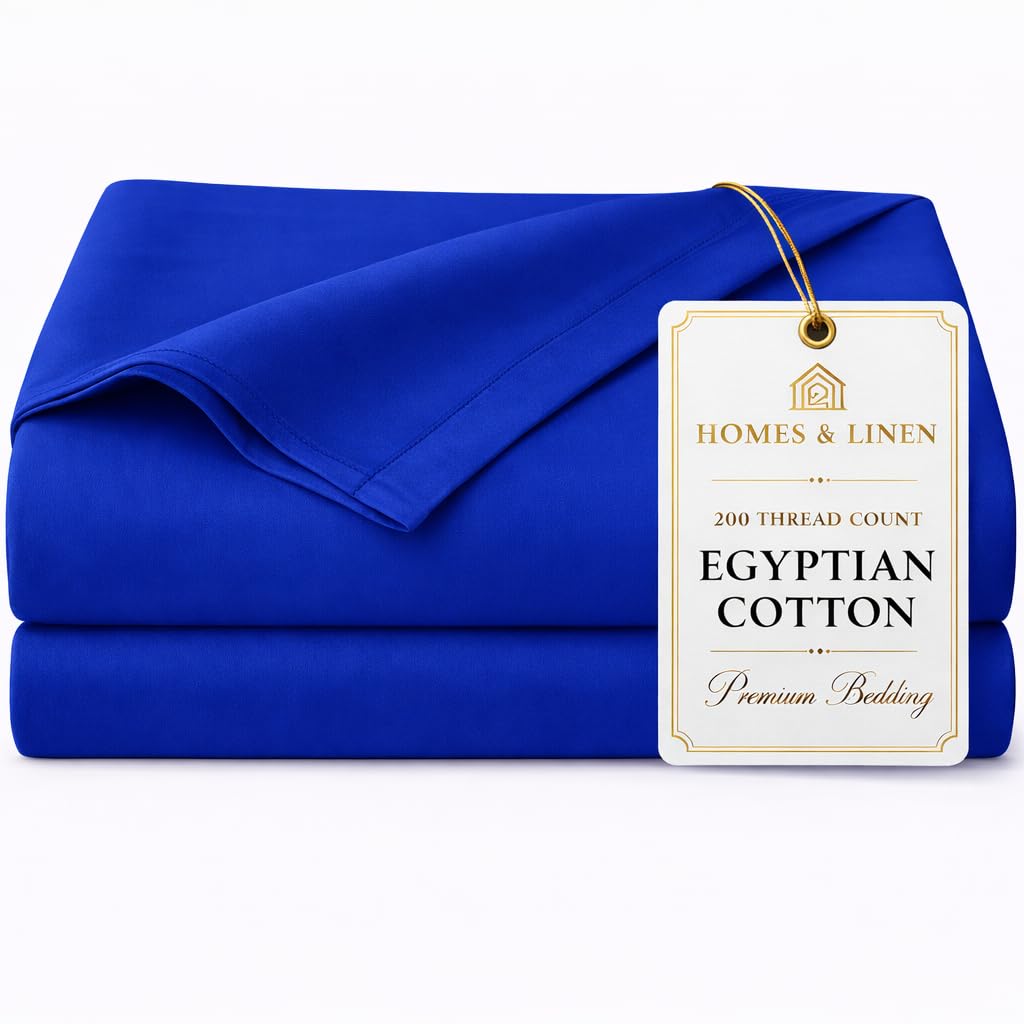 HOMES-LINEN Flat Sheet 100% Egyptian Cotton 200 Thread Count Hotel Quality Flat Bed Sheets (Royal Blue, Single)