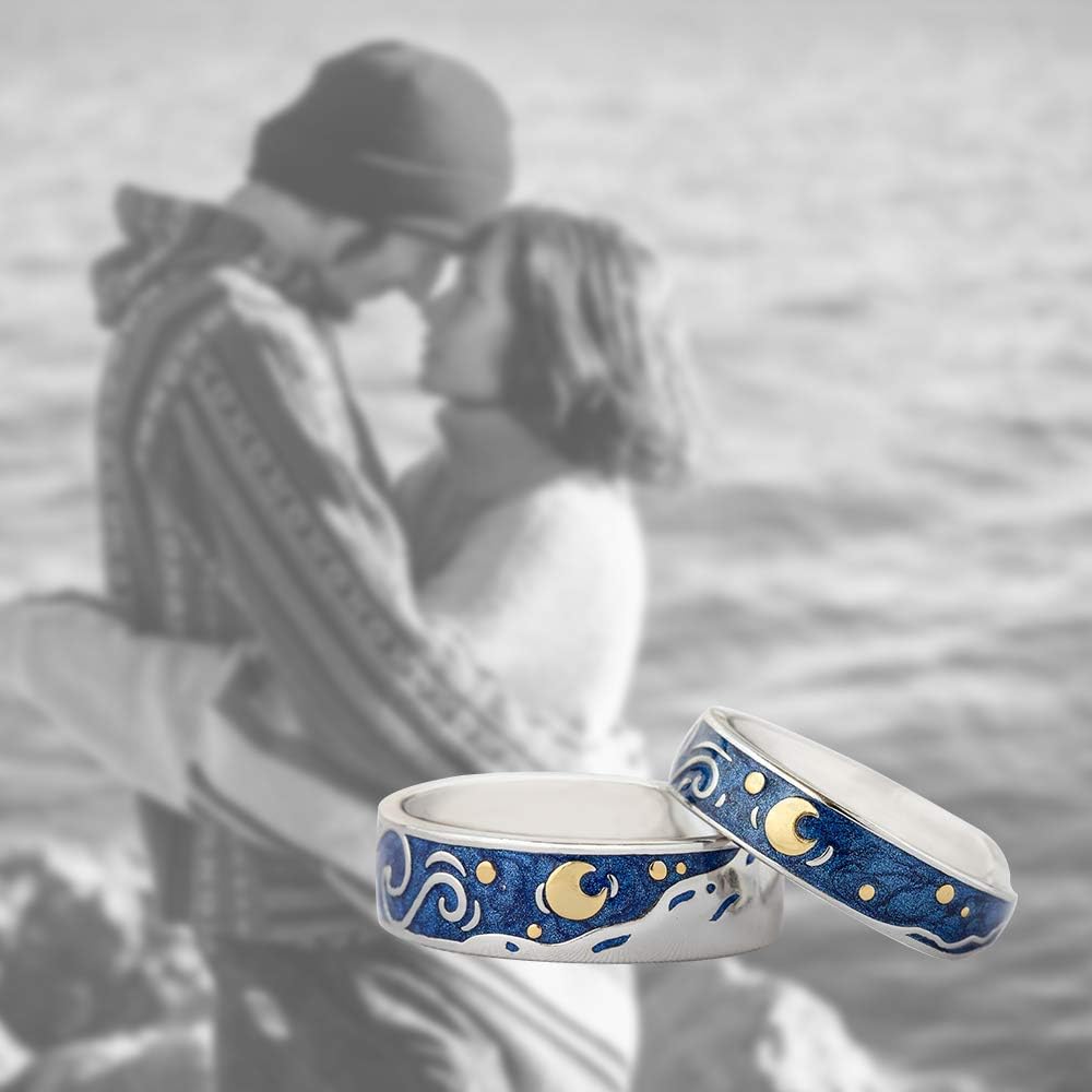 Thaya 925 Sterling Silver Van Gogh's Sky Couple Rings Bright Shining River/Bee Promise Rings Blue Open Band Ring Engagement Romantic Jewelry Ring Size 5-8 Jewelry Gift for Women and Girls