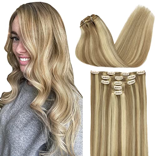 Image of DOORES Human Hair Extensions Clip in, 5pcs 75g Balayage Light Blonde Highlighted Golden Blonde 16 Inch Clip in Hair Extensions Natural Hair Extensions Straight