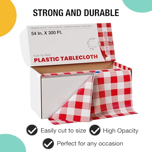 Image of Party Solids 54 Inch X 300 Feet Red Gingham Plastic Table Cover Roll in A Cut - to - Size Box with Convenient Slide Cutter. Cuts Up to 36 Rectangle 8 Feet Plastic Disposable Tablecloths