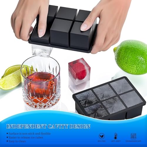 Image of Ice Cube Molds with Lid,Big Silicone Ice Cube Tray for Whiskey,2Inch Square Ice Cube Tray,Easy-Release Ice Mold,Giant Ice Cubes for Bourbon Cocktail (2, Black)
