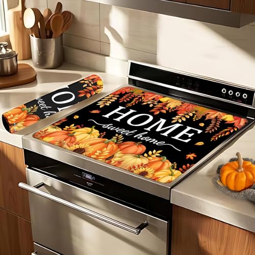 Image of Fall Pumpkin Stove Cover For Electric Stove, 20x28 Glass Stove Top Mat Thanksgiving Heat Resist Electric Gas Range Mat Sweet Home Decor Glass Top Protector Black Kitchen Cooktop Pad