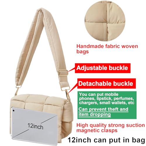 Image of Shoulder Bag Lightweight Puffer Tote Crossbody Bag Handwoven for Women | waterproof nylon, durable, soft padded texture, versatile for travel, work, weekend, everyday, adjustable strap