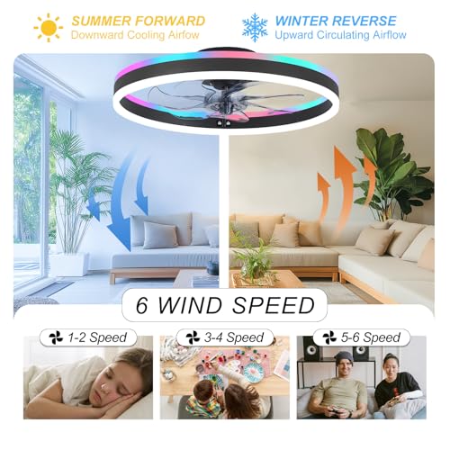 Image of 20 inch RGB Ceiling Fans with Lights and Remote /APP, Dimmable 3000-6500K LED Low Profile Ceiling Fan with Light, Modern Fandelier Flush Mount Ceiling Fan Light for Living Room, Bedroom and Kitchen