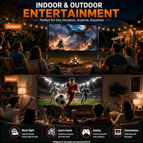 Image of Outdoor Projector Screen with Stand, TOWOND 120 inch Portable Movie Screen, 16:9 HD Foldable Anti-Crease Projection Screen with Carry Bag for Sports Viewing Parties Support Double Sided