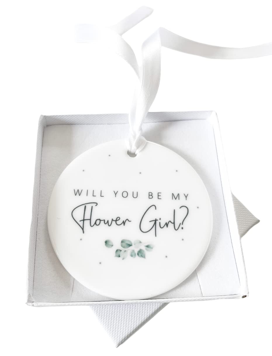 Wedding Party Proposal Hanging Ornament Ceramic Sign Will You Be My Bridesmaid Maid of Honour Matron of Honour - Sage Green Eucalyptus Theme (Flower Girl In Gift Box)