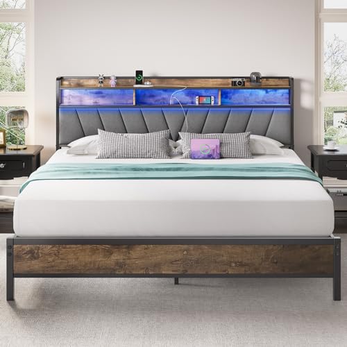 King Bed Frames, Metal Bed Frames with Charging Station, LED Lights Bed Frames with Upholstered Storage Headboard, Sturdy and Noise-Free, Storage Space Under Bed, No Box Spring Needed, Brown