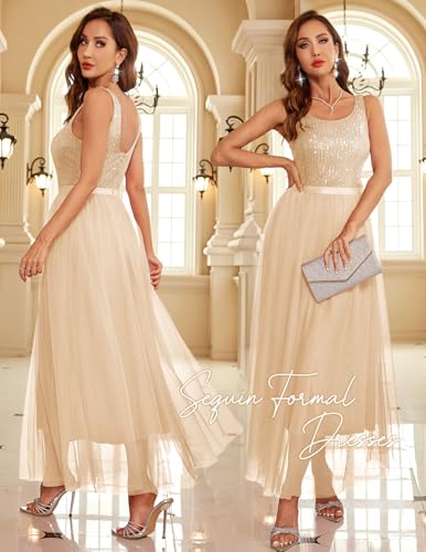 Image of BeryLove Sequin Dress for Woman Vintage A Line Wedding Formal Swing Mesh Dress Sleeveless Cocktail Maxi Gowns