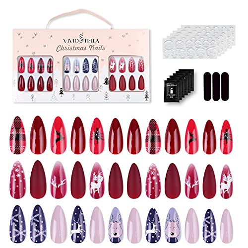72Pcs Christmas Nails Snowflake Almond Press on Santa Claus Elks Glossy Stiletto False Nails X-mas Nail Tips Gift Box