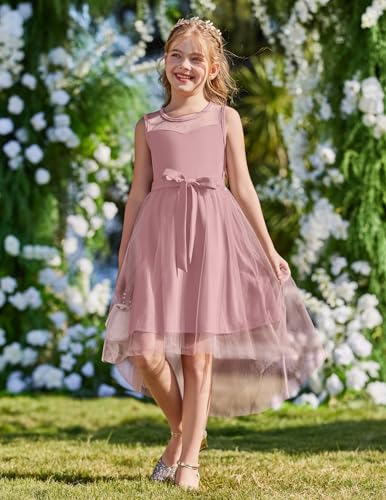 Image of Arshiner Girls Dresses Formal Party Wedding Tulle Sleeveless Contrast Mesh High Low Dress with Belt