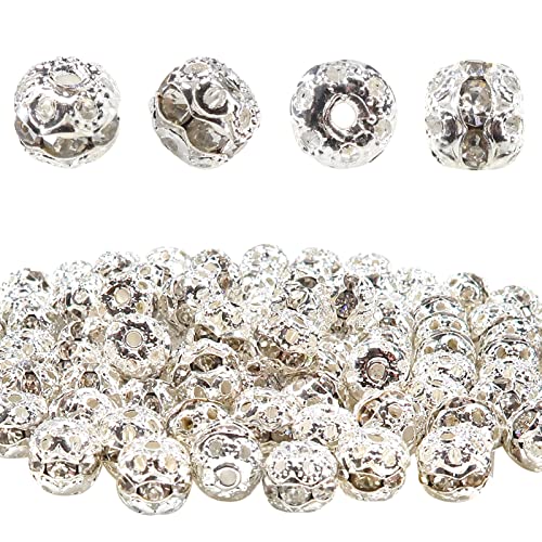 TOAOB 100pcs Perles de Brillant Strass Boule Rondelles Perles d'espacement Perles Intercalaires en Métal Argent Antique en 6mm pour Fabrication de Bijoux Collier Bracelet DIY Artisanat